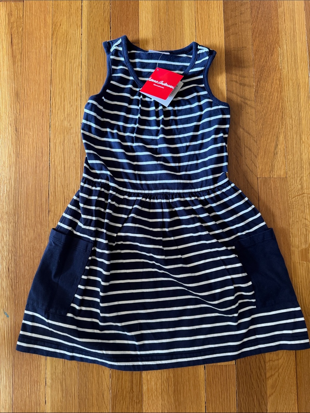 NWT Hanna Andersson Navy and White Striped Sleeveless Dress with Pockets